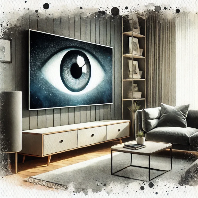 DALL·E 2024-08-20 09.00.32 - A modern living room with a smart TV as the focal point, rendered in a watercolor style